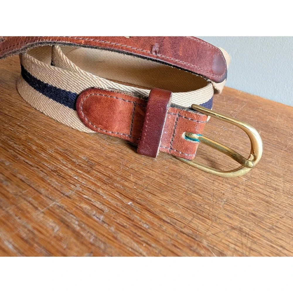 Vintage Mens Surcingle Belt Beige Canvas Navy Stripe Tan Leather Solid Brass 38